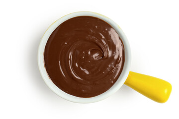 Bowl of tasty melted chocolate on white background