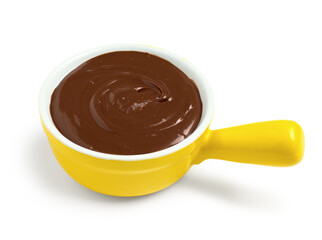Bowl of tasty melted chocolate on white background
