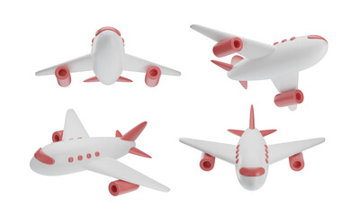 Set of airplane with transparent background, 3d aircraft, PNG, Isolated, red