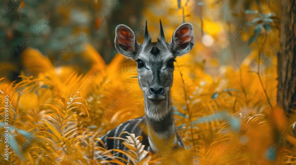 Aufkleber a close up of a giraffe in a field of tall grass with trees in the background and a blurry photo of 