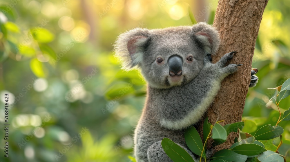 Aufkleber a close up of a koala on a tree with its head on a tree branch with leaves in the foreground and a b