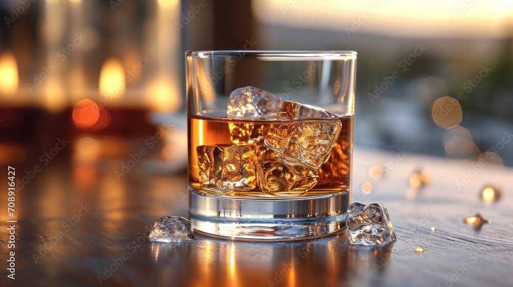 Poster a glass of whiskey on a table with ice cubes on the table and a bottle of whiskey in the background 