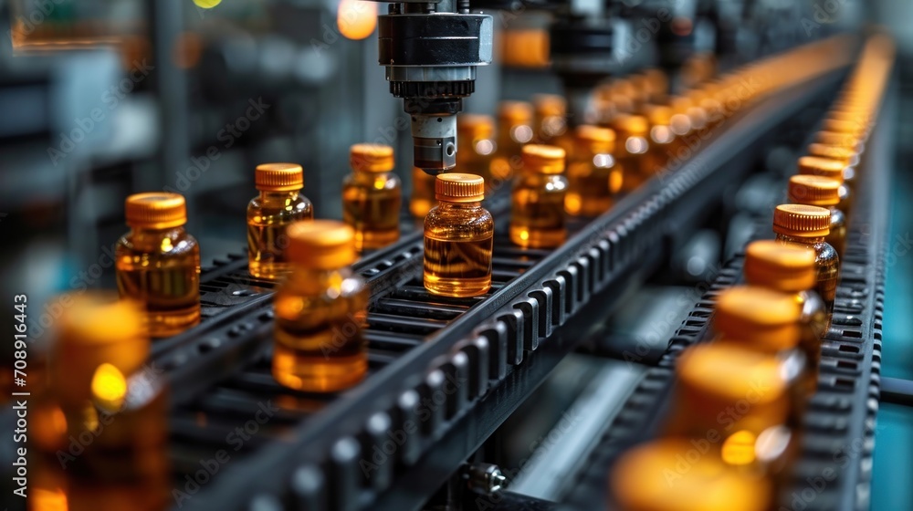 Poster a machine that has some bottles on a conveyor belt with a lot of bottles on the conveyor belt in fro