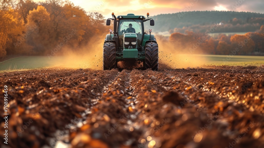 Poster a tractor is plowing a field with a dusting of dirt in the foreground, with trees in the back ground