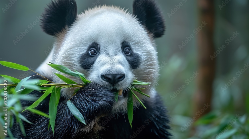 Poster a close up of a panda eating a bamboo branch with a blurry background of trees in the foreground and