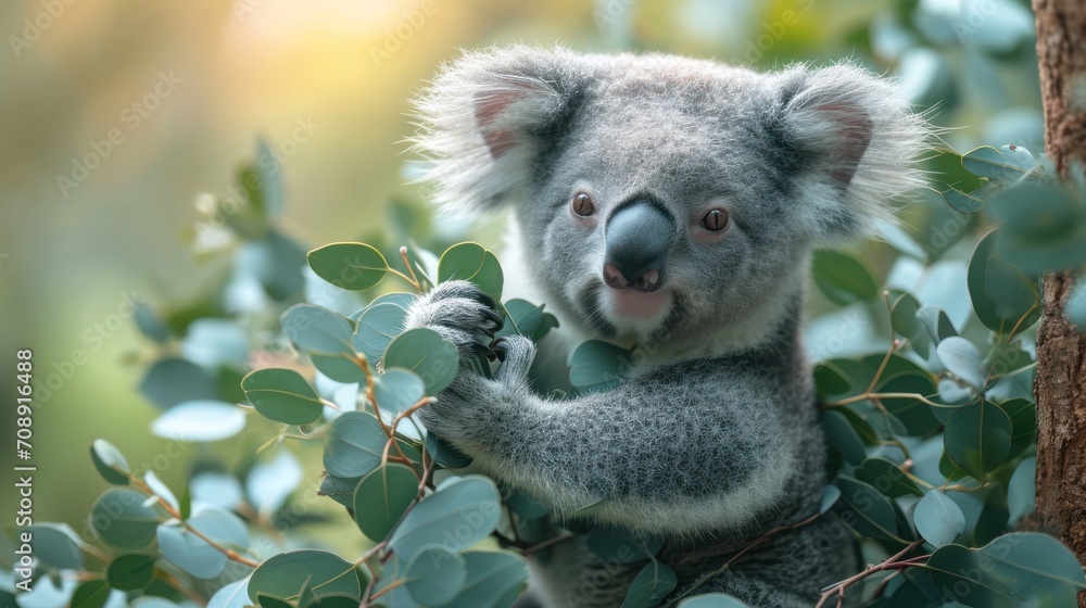 Poster a close up of a koala on a branch of a tree with leaves and a blurry background of a blurry image of