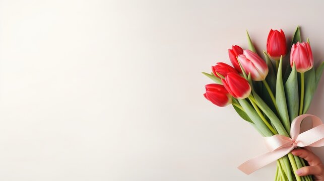 Women's hands holding a bouquet of red tulips for congratulations on Mother's Day, Valentine's Day, women's Day. Blurred background.