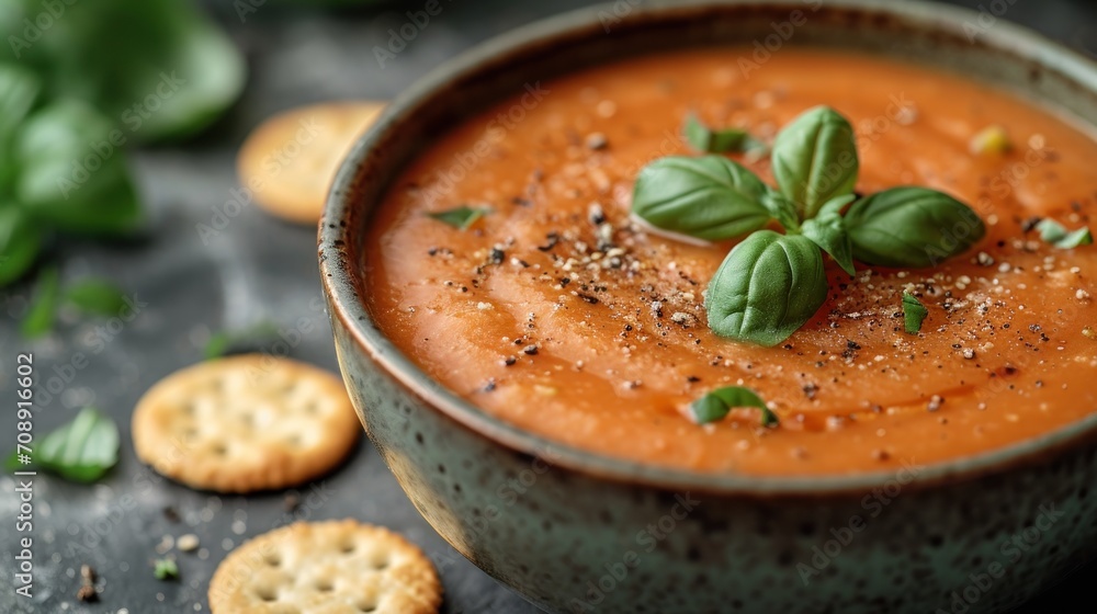 Poster a close up of a bowl of soup on a table with crackers and basil leaves on the top of the bowl and on