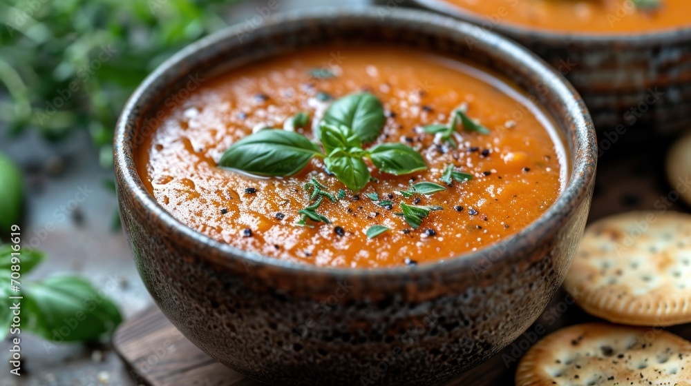 Aufkleber a close up of a bowl of soup on a table with crackers and basil leaves on the top of the bowl and on