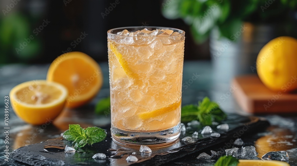 Poster a close up of a drink in a glass with ice and lemons on a table next to a cutting board with a knife