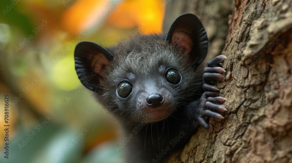 Poster a close up of a small animal on the side of a tree with a tree trunk in the foreground and a blurry 
