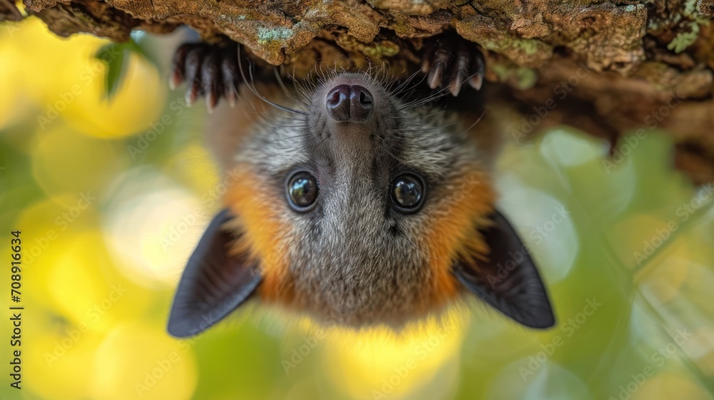 Aufkleber a close up of a bat hanging upside down on a tree branch with it's eyes open and it's head hanging o