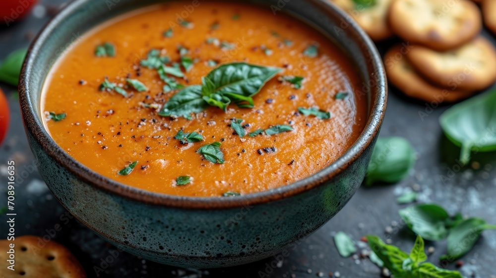 Aufkleber a close up of a bowl of soup on a table with crackers and tomatoes and basil on the side of the bowl