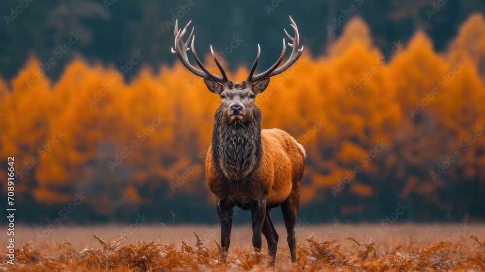Poster a close up of a deer in a field of grass with trees in the background with orange leaves in the fore