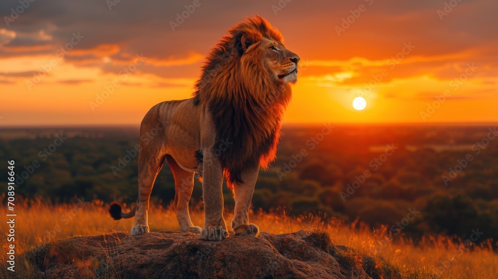 Poster a lion standing on top of a rock in the middle of a field with the sun setting in the background and