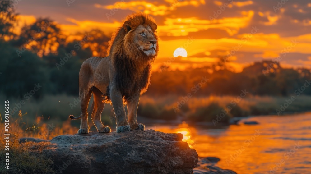 Poster a lion standing on a rock in front of a river with the sun setting in the background with clouds in 