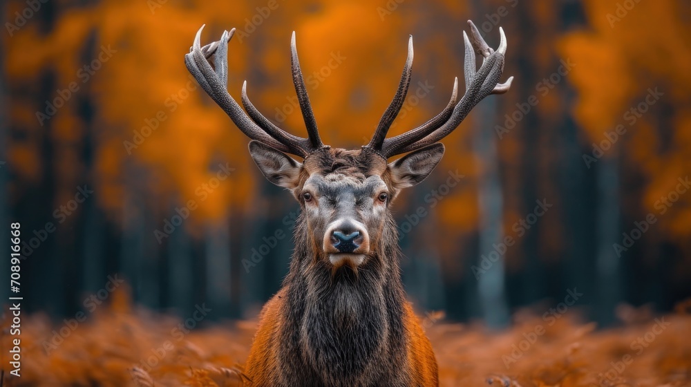 Poster a close up of a deer with antlers on it's head in a field of tall grass with trees in the background