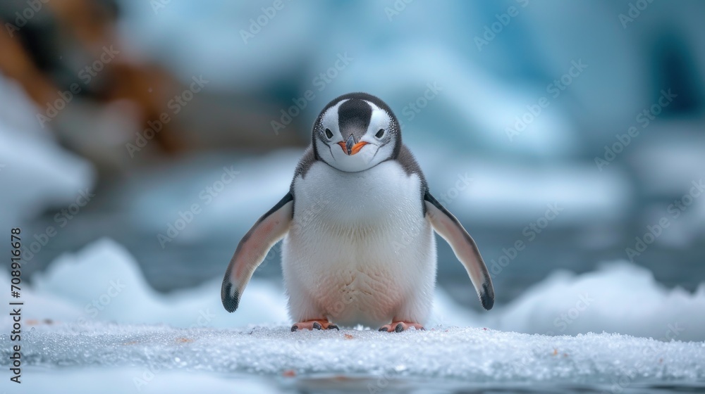 Poster a small penguin standing on top of a pile of snow next to an ice floet with a penguin sitting on top