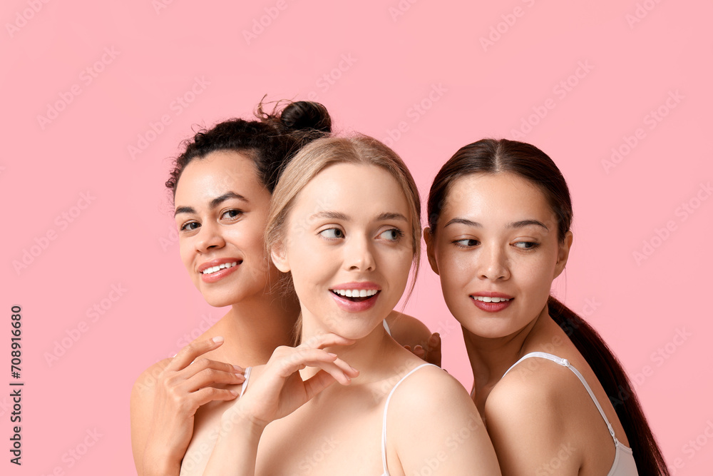 Sticker pretty young women on pink background