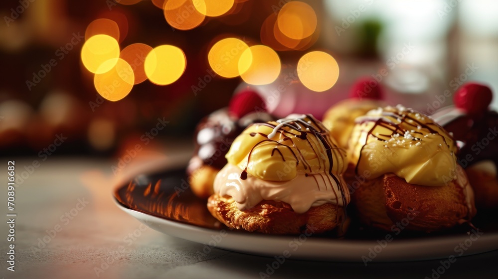 Poster a close up of a plate of pastries on a table with a blurry background of a christmas tree and a lite