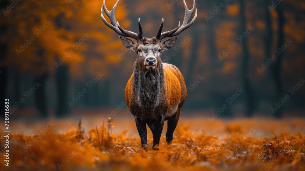 Poster a close up of a deer in a field of grass with trees in the background with orange leaves on the grou