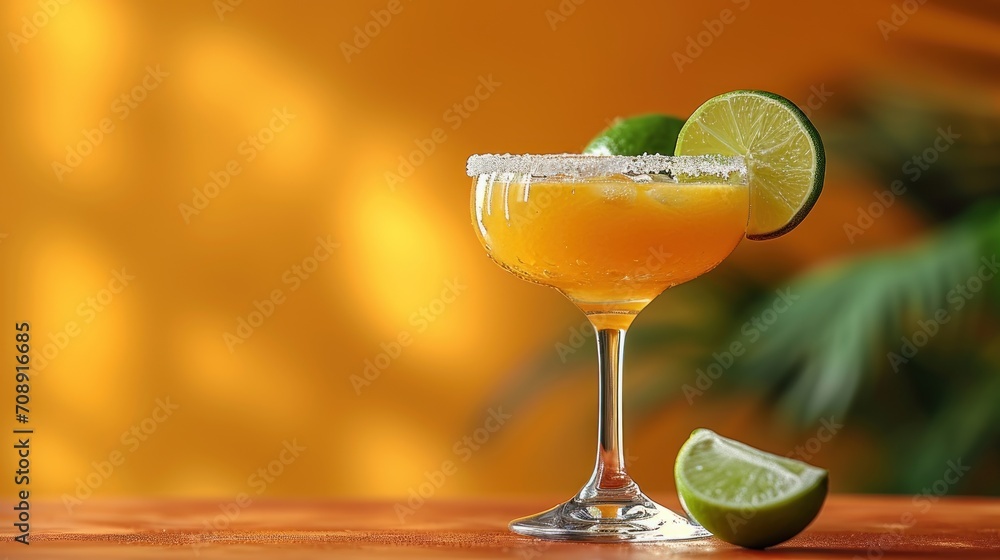 Poster a close up of a drink on a table with a lime and a slice of lime on the side of the glass and a gree