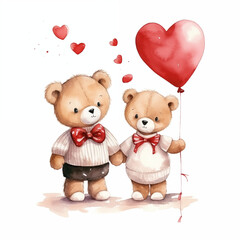 Two Bears a couple holding hand and red heart balloon. Valentine's day card concept. Love postcard....
