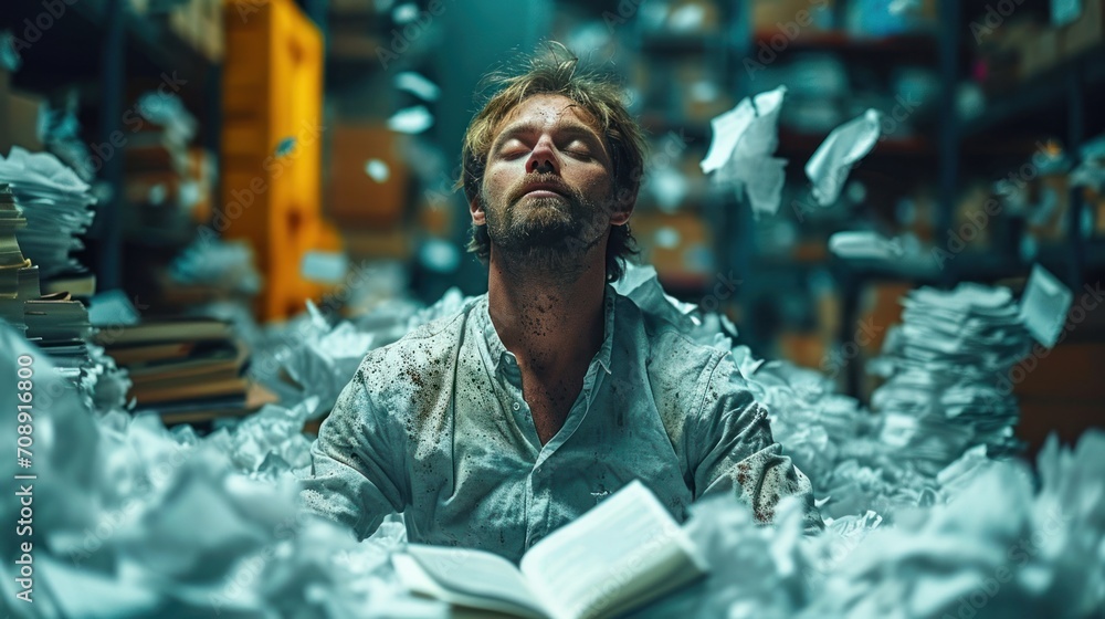 Poster a man is reading a book in the middle of a room full of books that are falling from the ceiling and 