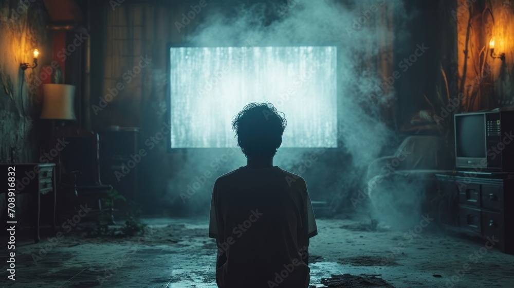 Poster a man standing in front of a large screen in a dark room, illuminated by lights on either side on th