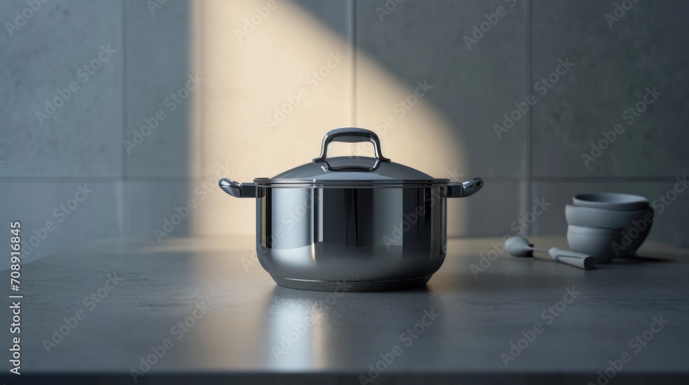 Poster a silver pot sitting on top of a counter next to a spoon and a spoon rest on the counter next to the