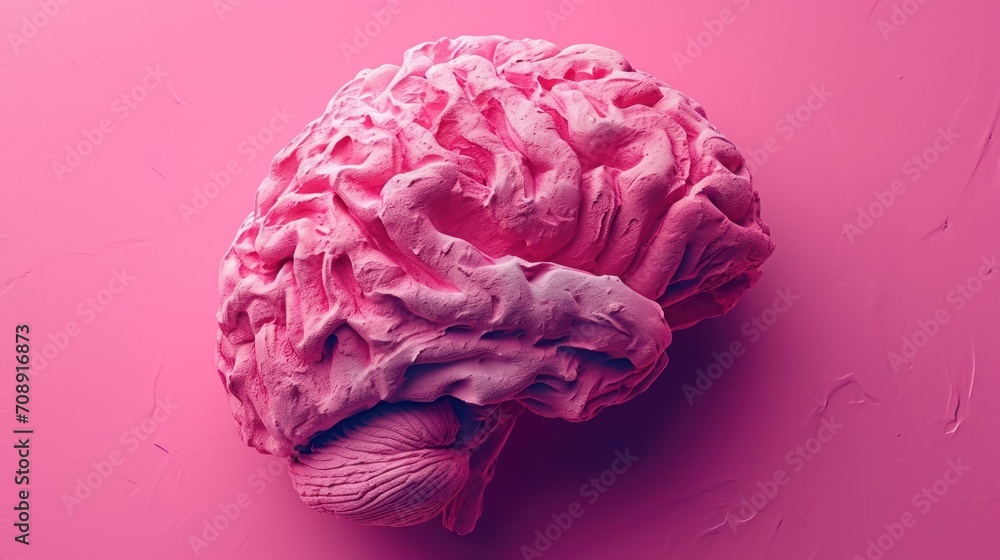 Poster a close up of a pink colored brain on a pink background with a small amount of paint splattered on t