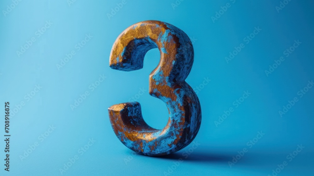 Poster the number three is made of rusted metal and sits on a blue surface with a shadow of the number thre
