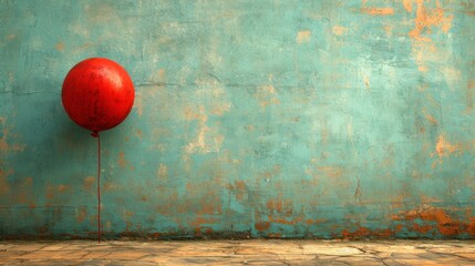  a red balloon sticking out of the side of a wall next to a blue wall with peeling paint and a rusted metal pole on the side of the wall.