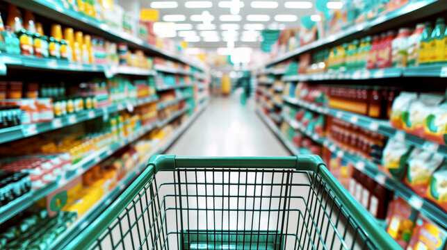 Doing grocery shopping conceptual image from first person view perspective. Supermarket shopping cart view with colorful grocery aisles in the background