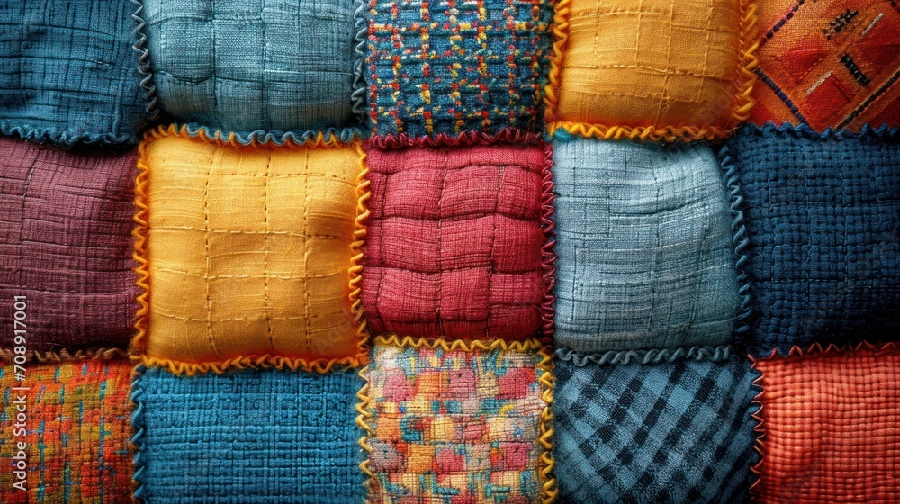 Poster a close up of a multicolored cushion made of squares and squares of different sizes and colors, with