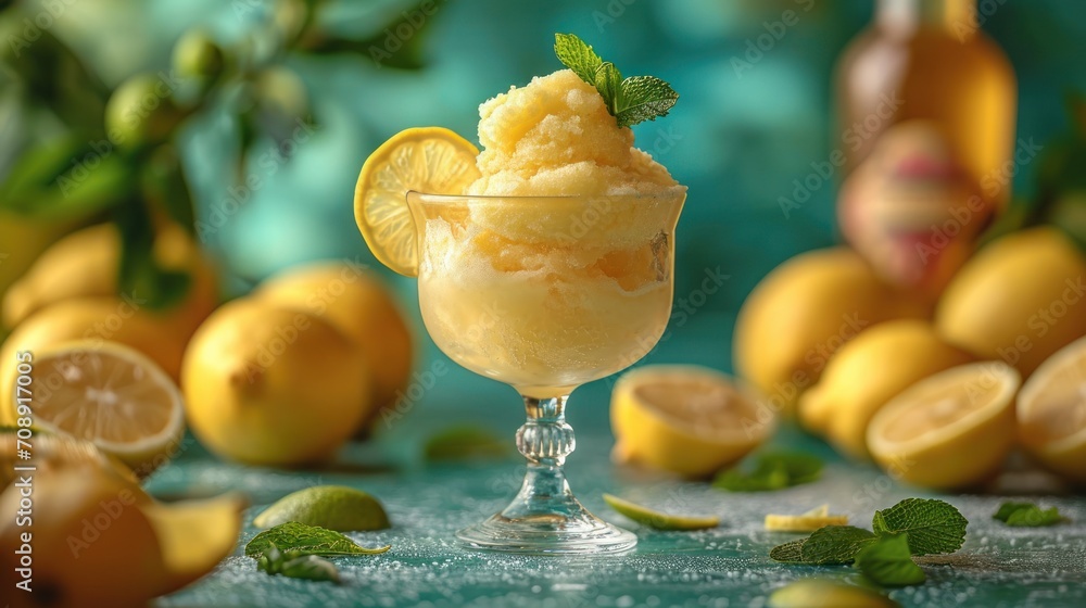 Aufkleber a close up of a dessert in a glass on a table with lemons and mint on the table and a bottle of lemo