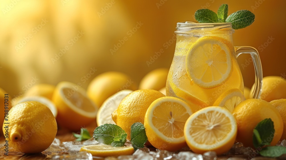 Poster a pitcher of lemonade surrounded by lemons and mint on a wooden table with a few pieces of lemons on
