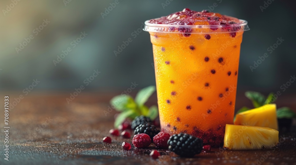 Poster a close up of a cup of food on a table with berries and a lemon slice on the table next to the cup i