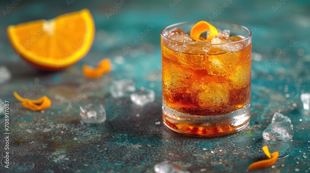 Poster a close up of a drink in a glass with ice and an orange slice next to it on a table with ice cubes a