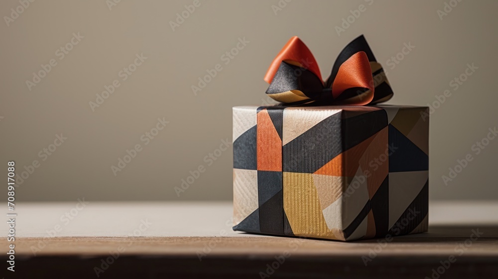Poster a multicolored gift box with a bow on top of it on a wooden table in front of a gray background with