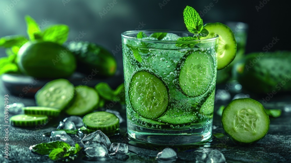 Poster a glass of water with cucumber slices and mint on a table with ice cubes and mints on the side of th