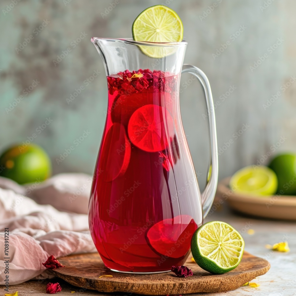 Poster a pitcher of red liquid with a slice of lime on a cutting board next to a bowl of limes and a plate 