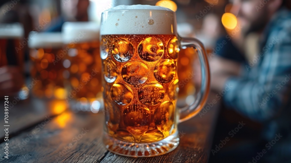 Poster a close up of two mugs of beer on a table with a man sitting at a table in the background and a pers
