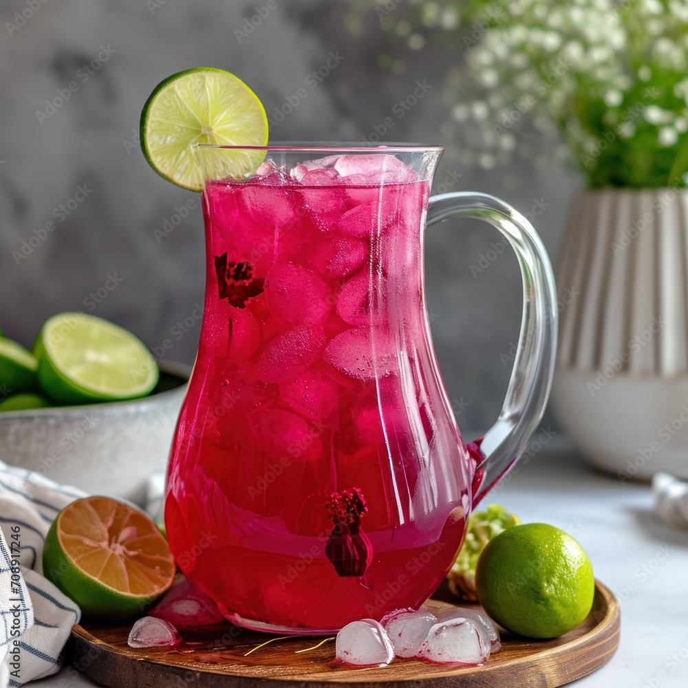 Poster a pitcher of red liquid with limes and lime wedges on a cutting board next to a bowl of limes and a 