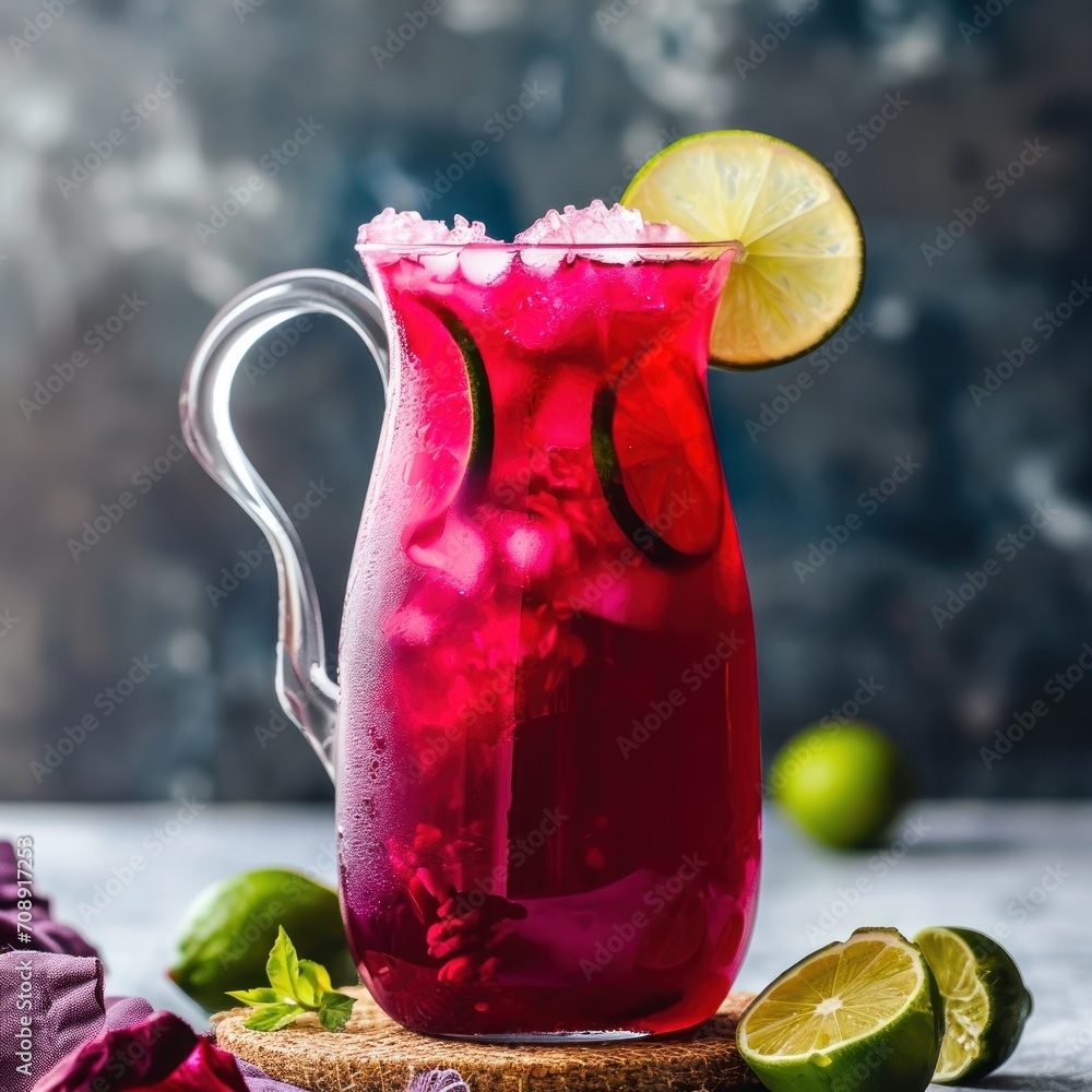 Poster a pitcher of pink lemonade with a slice of lime on the rim and a lime wedge on the edge of the pitch