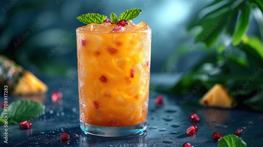Poster a close up of a drink in a glass on a table with leaves and pomegranates on the table and on the tab