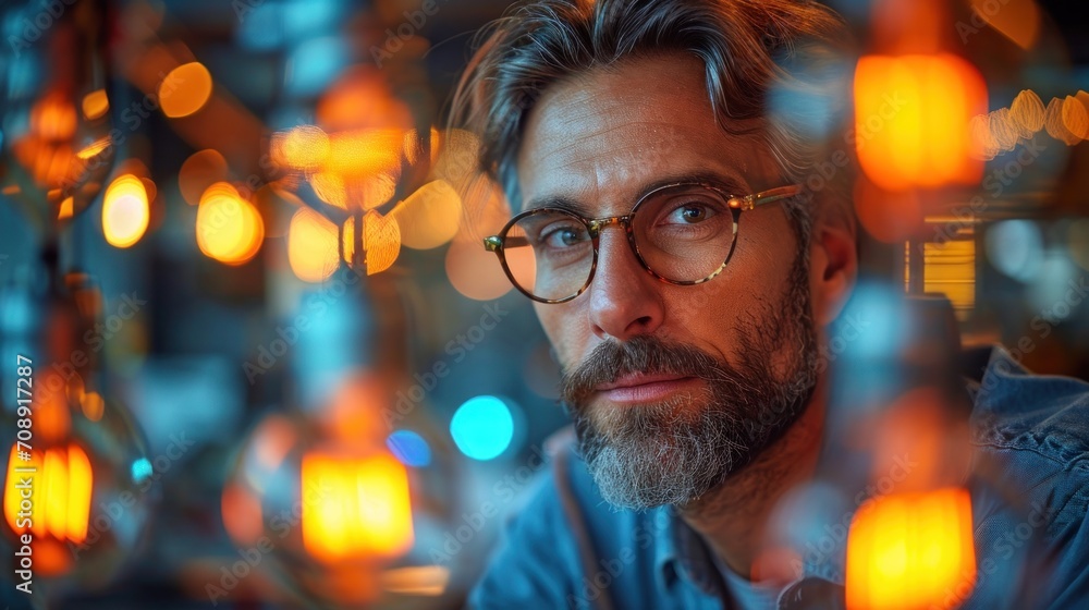 Poster a man with glasses and a beard looks at the camera while standing in front of a colorful display of 