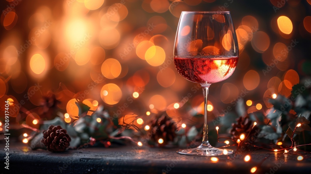 Poster a glass of wine sitting on top of a table next to a bunch of pine cones and a pine cone on top of a 