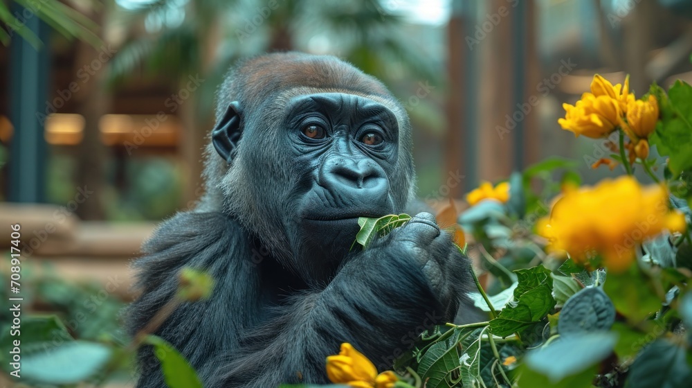 Poster a close up of a monkey in a field of flowers with a plant in the foreground and a building in the ba