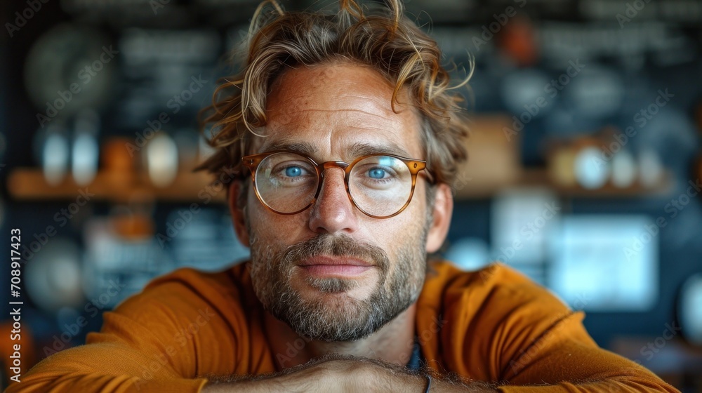 Poster a man with a beard and glasses is looking at the camera with a serious look on his face as he sits i